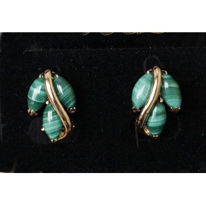 C830 Серьги позолота малахит "большой рис"