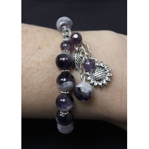 Браслет из аметиста, из бусин, шарик 10мм, гладкий, темный, с подвеской