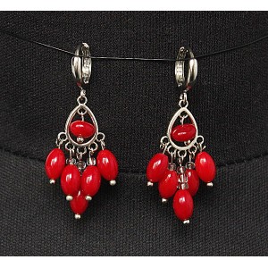 Серьги из коралла красного, рис, коннектор "перо жар-птицы"